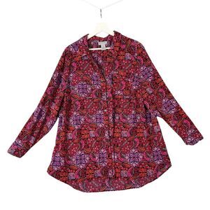 Catherines Floral Geometric Print Button Top Womens 1X Red Purple Ethnic Boho‎